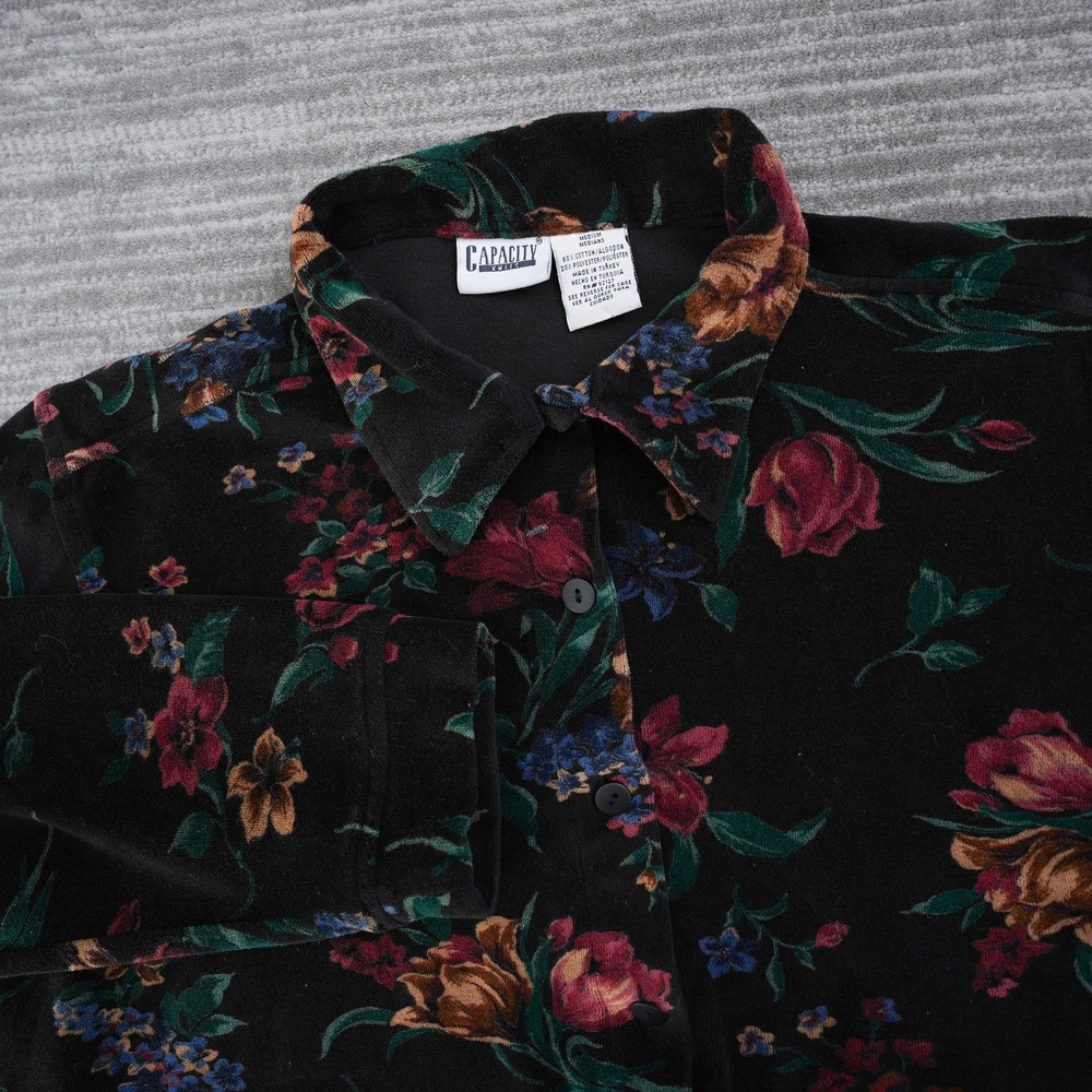 Capacity Knits Women Medium Floral Button Front Top Black Velour Long Sleeve
